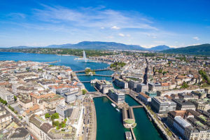 Aerial view of Leman lake –  Geneva city in Switzerland